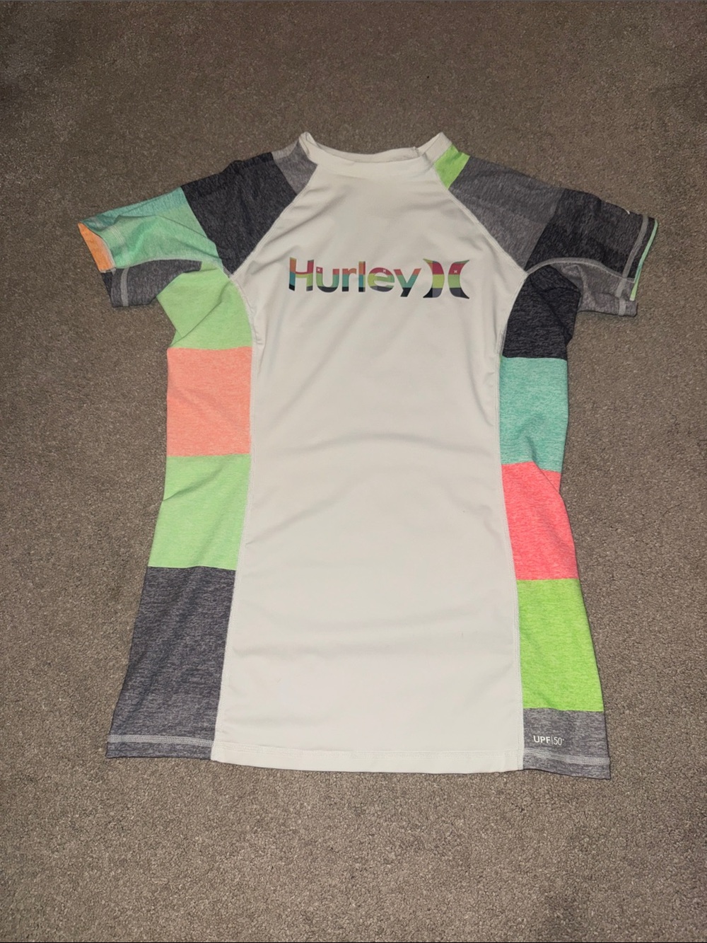Hurley White Swim Rash Guard Tee w/ Neon Green, Coral, Mint and Charcoal Panels